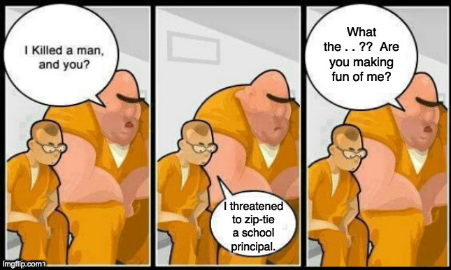 I threatened
to zip-tie
a school
principal. What
the . . ??  Are
you making
fun of me? | made w/ Imgflip meme maker