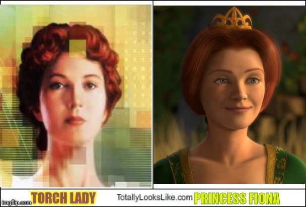 Totally Looks Like |  TORCH LADY; PRINCESS FIONA | image tagged in totally looks like,columbia,shrek,dreamworks,torch | made w/ Imgflip meme maker