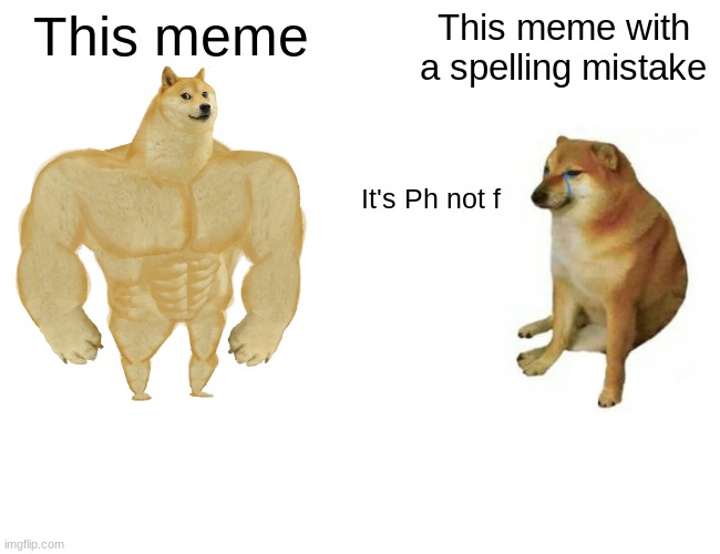 Buff Doge vs. Cheems Meme | This meme This meme with a spelling mistake It's Ph not f | image tagged in memes,buff doge vs cheems | made w/ Imgflip meme maker