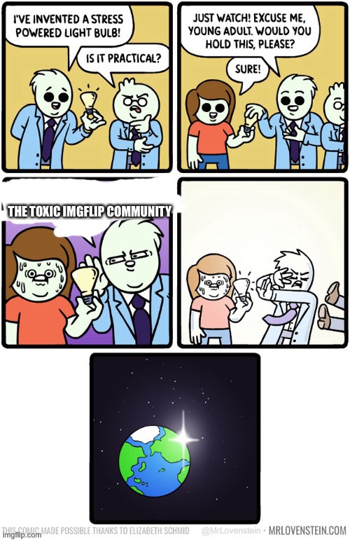 stress powered lightbulb | THE TOXIC IMGFLIP COMMUNITY | image tagged in stress powered lightbulb | made w/ Imgflip meme maker