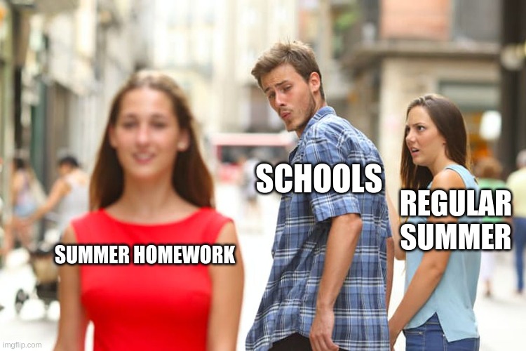 Distracted Boyfriend Meme | SUMMER HOMEWORK SCHOOLS REGULAR SUMMER | image tagged in memes,distracted boyfriend | made w/ Imgflip meme maker