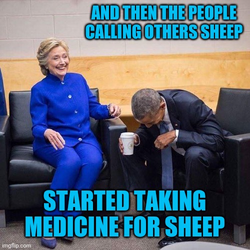 Hillary Obama laughing  | AND THEN THE PEOPLE CALLING OTHERS SHEEP; STARTED TAKING MEDICINE FOR SHEEP | image tagged in hillary obama laughing | made w/ Imgflip meme maker