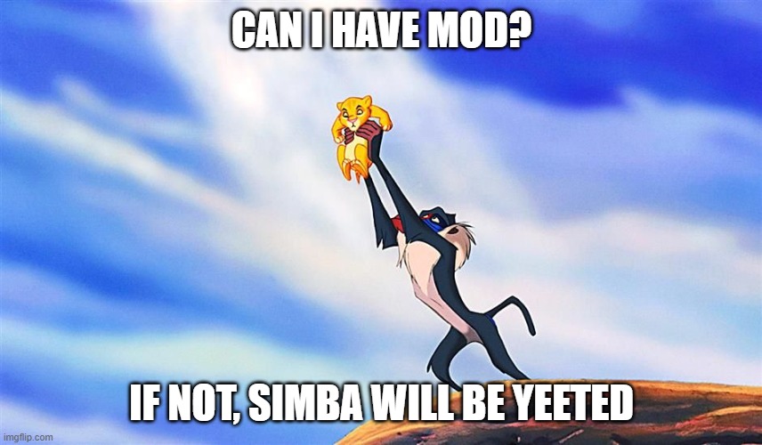 you heard me right | CAN I HAVE MOD? IF NOT, SIMBA WILL BE YEETED | image tagged in lion king rafiki simba | made w/ Imgflip meme maker