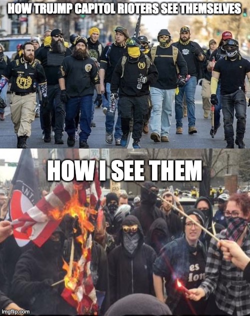 HOW TRUJMP CAPITOL RIOTERS SEE THEMSELVES; HOW I SEE THEM | image tagged in trump capitol rioters,antifa protest | made w/ Imgflip meme maker