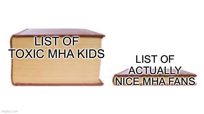 Big book small book | LIST OF TOXIC MHA KIDS; LIST OF ACTUALLY NICE MHA FANS | image tagged in big book small book,mha,kids,toxic | made w/ Imgflip meme maker