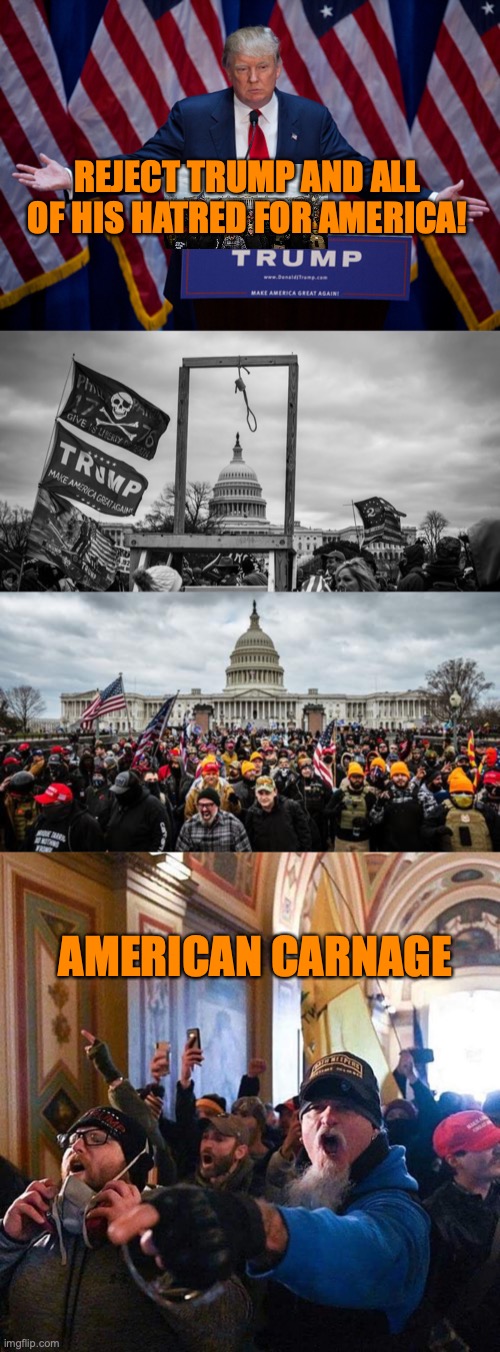 REJECT TRUMP AND ALL OF HIS HATRED FOR AMERICA! AMERICAN CARNAGE | image tagged in donald trump,capitol hill riot gallows,jan 6th,capitol traitors | made w/ Imgflip meme maker