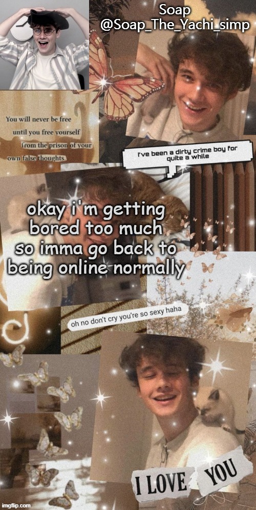 okay i'm getting bored too much so imma go back to being online normally | image tagged in soap's wilbur tempo | made w/ Imgflip meme maker