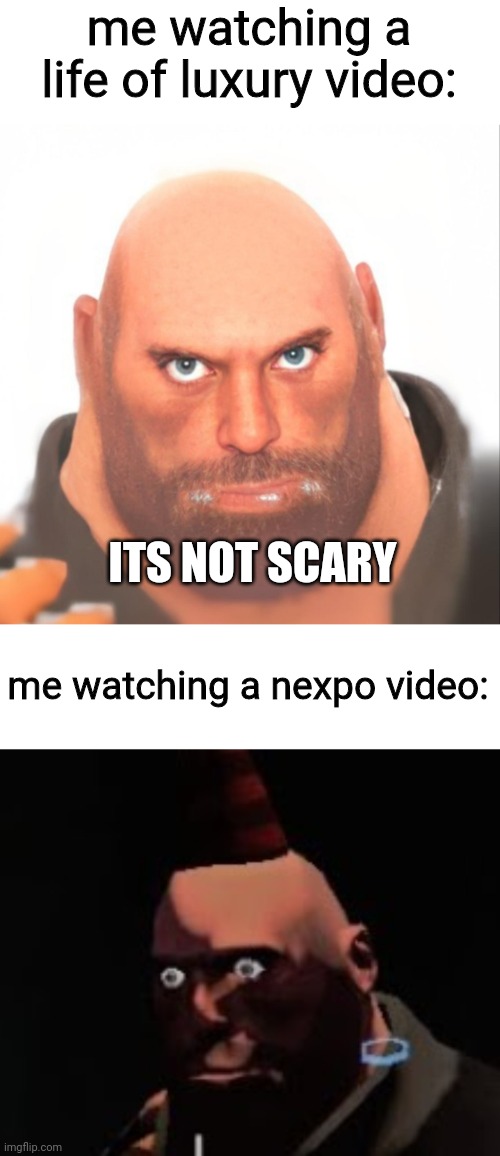 me watching a life of luxury video:; ITS NOT SCARY; me watching a nexpo video: | image tagged in tf2 heavy stare | made w/ Imgflip meme maker