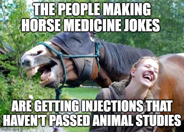 Laughing Horse |  THE PEOPLE MAKING HORSE MEDICINE JOKES; ARE GETTING INJECTIONS THAT HAVEN'T PASSED ANIMAL STUDIES | image tagged in laughing horse,ivermectin,horse,medicine | made w/ Imgflip meme maker