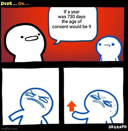 Disgusted Upvote | If a year was 730 days the age of consent would be 9 | image tagged in disgusted upvote | made w/ Imgflip meme maker