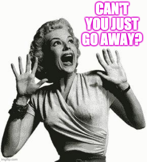 Retro Screaming Woman | CAN'T YOU JUST GO AWAY? | image tagged in retro screaming woman | made w/ Imgflip meme maker