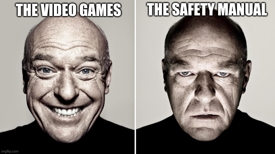 Dean Norris's reaction | THE VIDEO GAMES THE SAFETY MANUAL | image tagged in dean norris's reaction | made w/ Imgflip meme maker