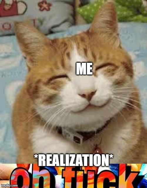 ME *REALIZATION* | image tagged in happy cat,oh f ck | made w/ Imgflip meme maker