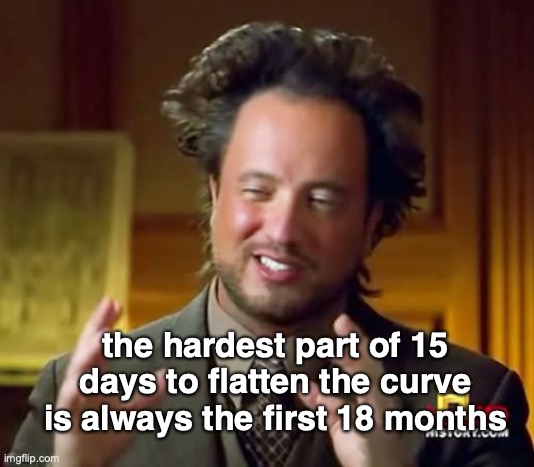 Ancient Aliens Meme | the hardest part of 15 days to flatten the curve is always the first 18 months | image tagged in memes,ancient aliens | made w/ Imgflip meme maker