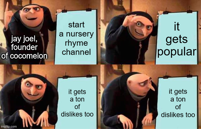 cocomelon's history | start a nursery rhyme channel; it gets popular; jay joel, founder of cocomelon; it gets a ton of dislikes too; it gets a ton of dislikes too | image tagged in memes,gru's plan,cocomelon,in a nutshell,life | made w/ Imgflip meme maker