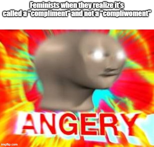 A N G E R Y |  Feminists when they realize it's called a "compliment" and not a "compliwoment" | image tagged in surreal angery | made w/ Imgflip meme maker