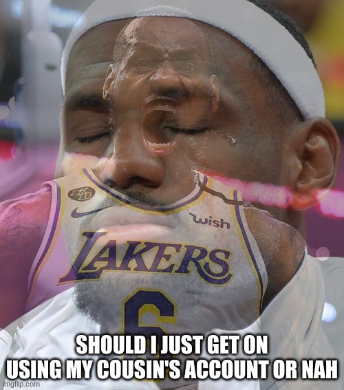 Crying LeBron James | SHOULD I JUST GET ON USING MY COUSIN'S ACCOUNT OR NAH | image tagged in crying lebron james | made w/ Imgflip meme maker