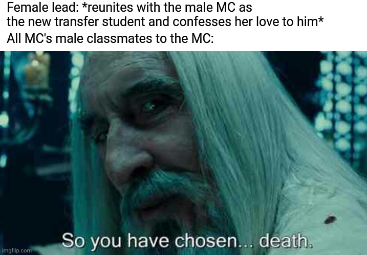 Every time the female lead becomes the new transfer student in a romcom anime | Female lead: *reunites with the male MC as the new transfer student and confesses her love to him*; All MC's male classmates to the MC: | image tagged in so you have chosen death,anime,Animemes | made w/ Imgflip meme maker