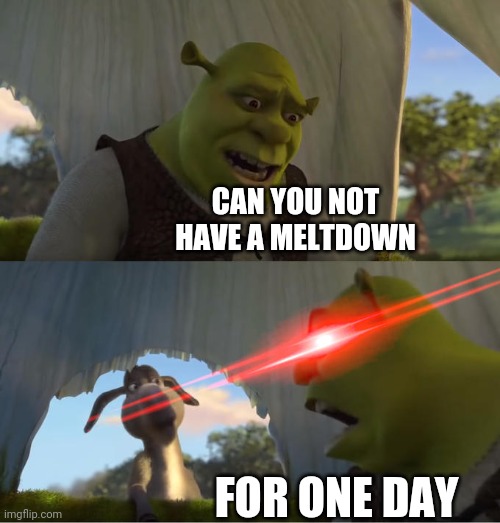 Living with a seven and a three year old be like | CAN YOU NOT HAVE A MELTDOWN; FOR ONE DAY | image tagged in shrek for five minutes | made w/ Imgflip meme maker