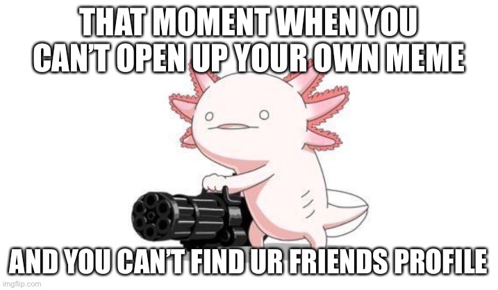 Also what’s goin on in the desc and can I have mod xD | THAT MOMENT WHEN YOU CAN’T OPEN UP YOUR OWN MEME; AND YOU CAN’T FIND UR FRIENDS PROFILE | image tagged in axolotl gun | made w/ Imgflip meme maker