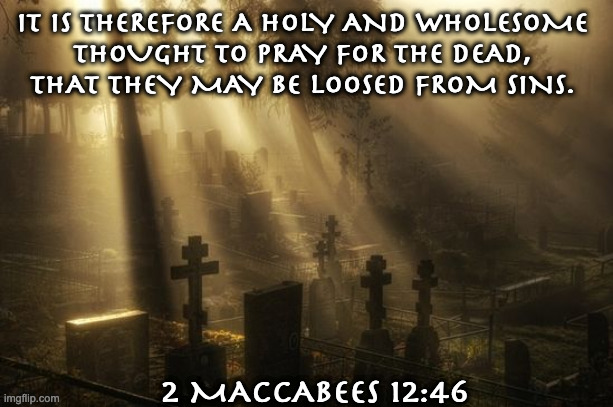 The Holy Souls in Purgatory Need our Prayers | IT IS THEREFORE A HOLY AND WHOLESOME 
THOUGHT TO PRAY FOR THE DEAD, 
THAT THEY MAY BE LOOSED FROM SINS. 2 MACCABEES 12:46 | image tagged in cemetery | made w/ Imgflip meme maker