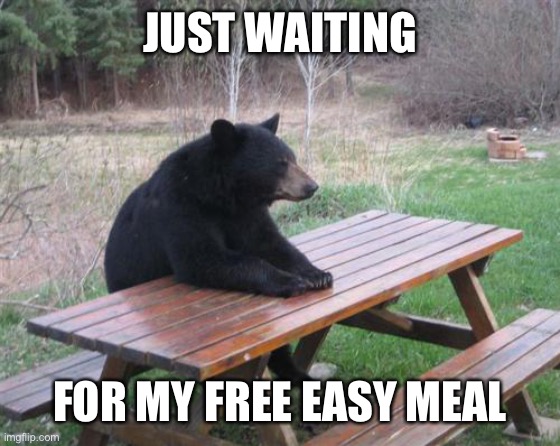 Bad Luck Bear Meme | JUST WAITING FOR MY FREE EASY MEAL | image tagged in memes,bad luck bear | made w/ Imgflip meme maker