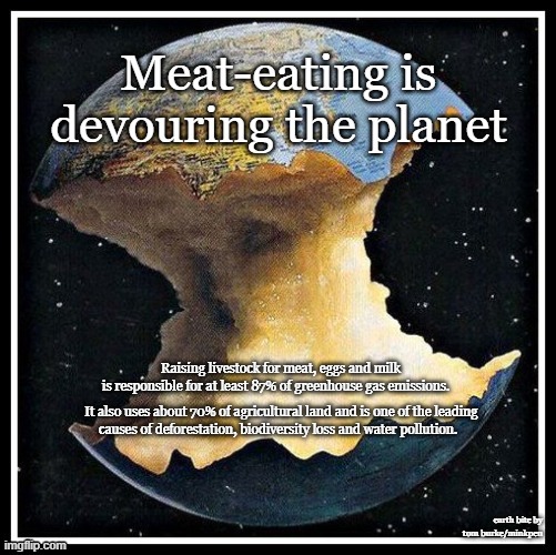 Meat-eating is devouring the planet (with Tom Burke's Earth Bite) | It also uses about 70% of agricultural land and is one of the leading 
causes of deforestation, biodiversity loss and water pollution. Raising livestock for meat, eggs and milk 
is responsible for at least 87% of greenhouse gas emissions. | image tagged in vegan,climate change,environment,farming,meat,dairy | made w/ Imgflip meme maker