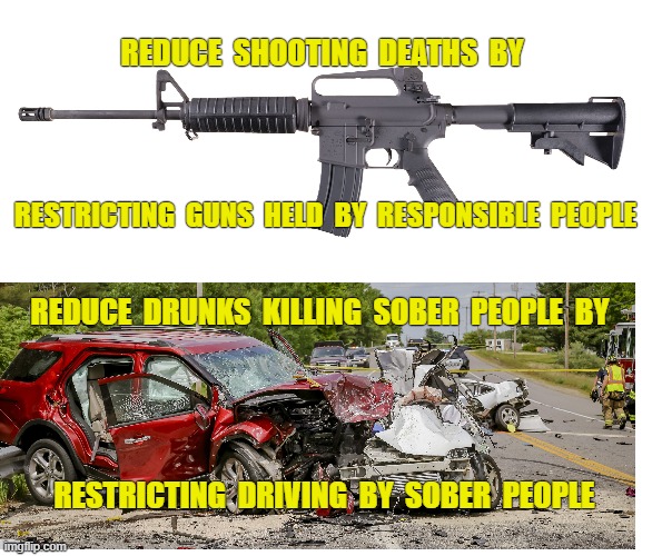 Liberal Logic Gun Control | REDUCE  SHOOTING  DEATHS  BY; RESTRICTING  GUNS  HELD  BY  RESPONSIBLE  PEOPLE; REDUCE  DRUNKS  KILLING  SOBER  PEOPLE  BY; RESTRICTING  DRIVING  BY  SOBER  PEOPLE | image tagged in gun control,gun laws,gun rights,second amendment,ar-15 | made w/ Imgflip meme maker