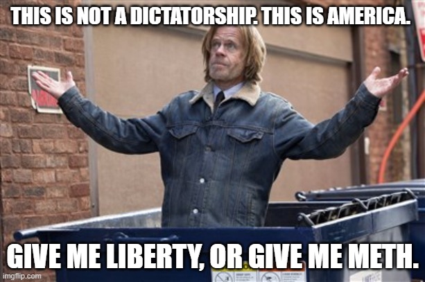 Frank Gallagher | THIS IS NOT A DICTATORSHIP. THIS IS AMERICA. GIVE ME LIBERTY, OR GIVE ME METH. | image tagged in shameless,funny memes,netflix and chill | made w/ Imgflip meme maker