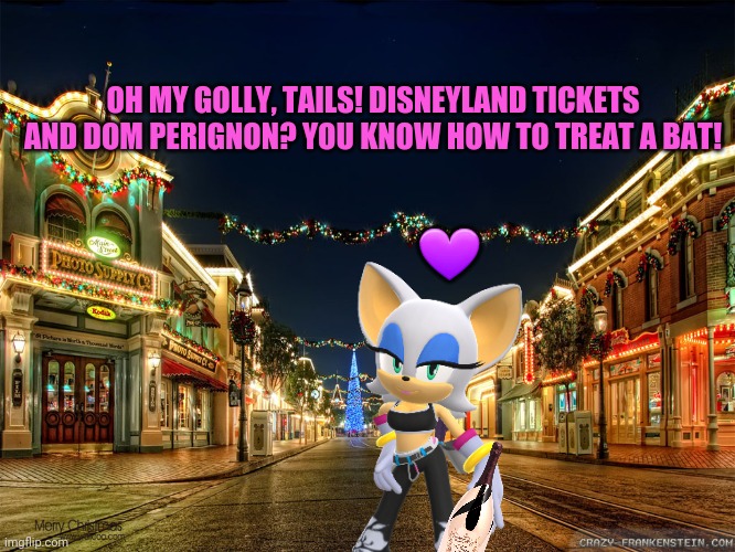 Rouge and Tails go to Disneyland! | OH MY GOLLY, TAILS! DISNEYLAND TICKETS AND DOM PERIGNON? YOU KNOW HOW TO TREAT A BAT! 💜 | image tagged in rouge the bat,tails the fox,disneyland,dom perignon,champagne | made w/ Imgflip meme maker