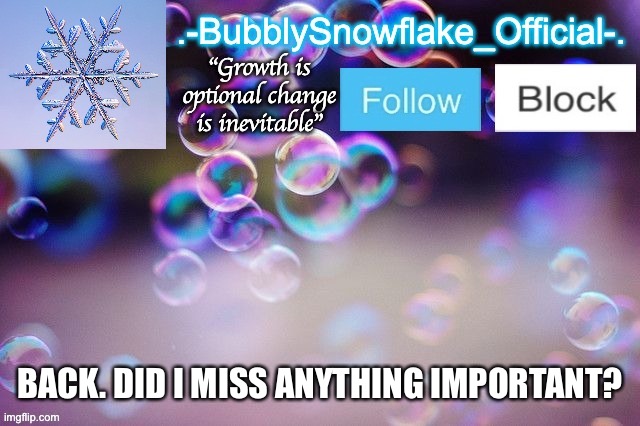 Bubbly-snowflake 3rd temp | BACK. DID I MISS ANYTHING IMPORTANT? | image tagged in bubbly-snowflake 3rd temp | made w/ Imgflip meme maker