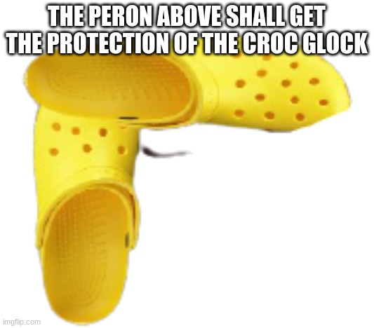 THE CROC GLOCK | THE PERON ABOVE SHALL GET THE PROTECTION OF THE CROC GLOCK | image tagged in the croc glock | made w/ Imgflip meme maker