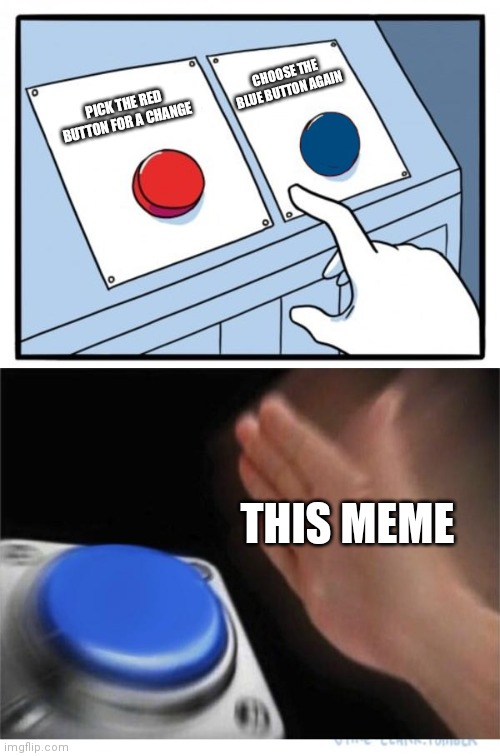 D o n t  a s k | CHOOSE THE BLUE BUTTON AGAIN; PICK THE RED BUTTON FOR A CHANGE; THIS MEME | image tagged in two buttons 1 blue,two buttons,memes,idk | made w/ Imgflip meme maker