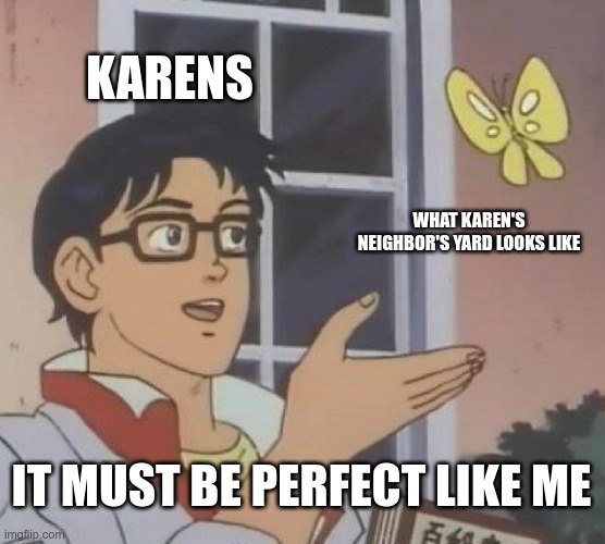 Is This A Pigeon Meme | KARENS; WHAT KAREN'S NEIGHBOR'S YARD LOOKS LIKE; IT MUST BE PERFECT LIKE ME | image tagged in memes,is this a pigeon,karen,karens,meme | made w/ Imgflip meme maker