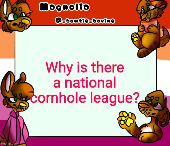 Maggie's template | Why is there a national cornhole league? | image tagged in maggie's template | made w/ Imgflip meme maker