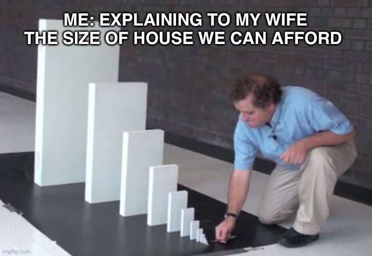 Domino Effect | ME: EXPLAINING TO MY WIFE THE SIZE OF HOUSE WE CAN AFFORD | image tagged in domino effect | made w/ Imgflip meme maker