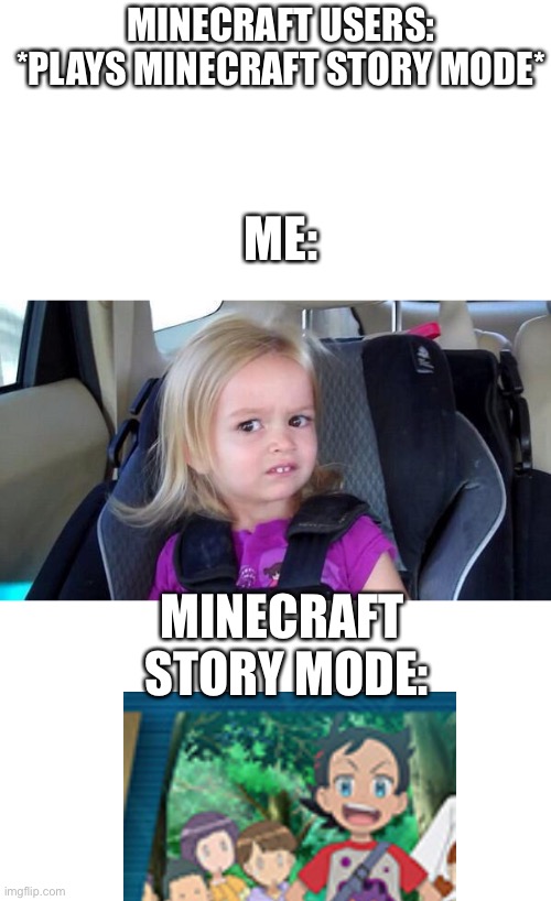 If people still played MCSM. | MINECRAFT USERS: *PLAYS MINECRAFT STORY MODE*; ME:; MINECRAFT  STORY MODE: | image tagged in wtf girl,meme,anime meme | made w/ Imgflip meme maker