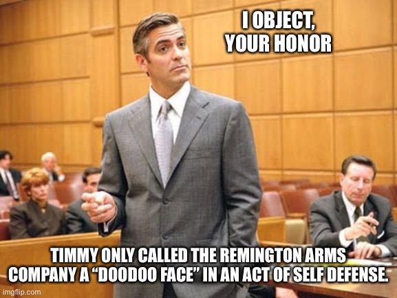 Lawyer Lawsuits | I OBJECT, YOUR HONOR TIMMY ONLY CALLED THE REMINGTON ARMS COMPANY A “DOODOO FACE” IN AN ACT OF SELF DEFENSE. | image tagged in lawyer lawsuits | made w/ Imgflip meme maker