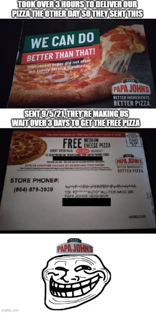 WTF Papa Johns? | image tagged in papa johns,troll,trollface,real life,wtf | made w/ Imgflip meme maker