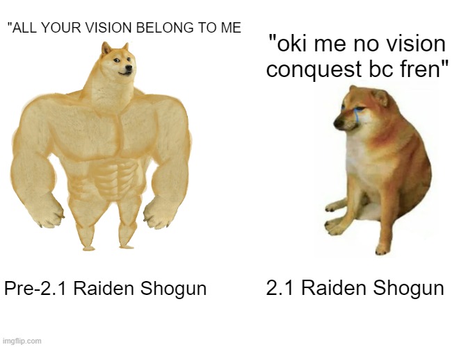 2.1 Update | "ALL YOUR VISION BELONG TO ME; "oki me no vision conquest bc fren"; Pre-2.1 Raiden Shogun; 2.1 Raiden Shogun | image tagged in memes,buff doge vs cheems,genshin impact | made w/ Imgflip meme maker