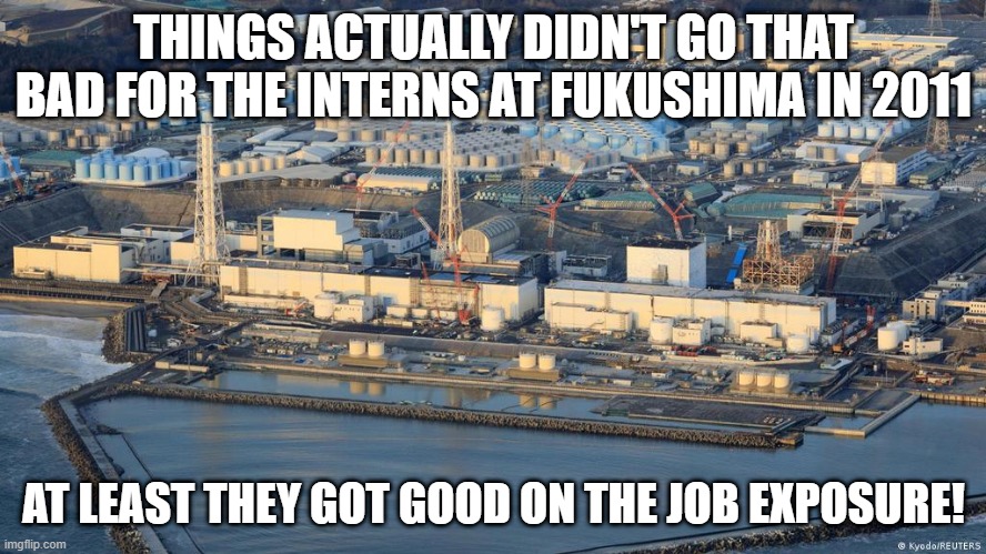 Intern Success | THINGS ACTUALLY DIDN'T GO THAT BAD FOR THE INTERNS AT FUKUSHIMA IN 2011; AT LEAST THEY GOT GOOD ON THE JOB EXPOSURE! | image tagged in dark humor | made w/ Imgflip meme maker