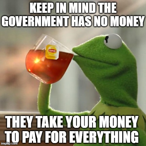 But That's None Of My Business | KEEP IN MIND THE GOVERNMENT HAS NO MONEY; THEY TAKE YOUR MONEY TO PAY FOR EVERYTHING | image tagged in memes,but that's none of my business,kermit the frog | made w/ Imgflip meme maker