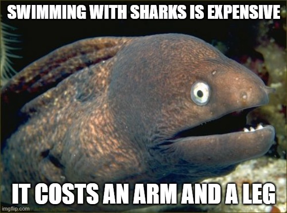 Bad Joke Eel | SWIMMING WITH SHARKS IS EXPENSIVE; IT COSTS AN ARM AND A LEG | image tagged in memes,bad joke eel | made w/ Imgflip meme maker