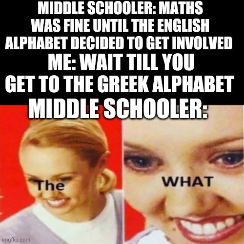 The What | MIDDLE SCHOOLER: MATHS WAS FINE UNTIL THE ENGLISH ALPHABET DECIDED TO GET INVOLVED; ME: WAIT TILL YOU GET TO THE GREEK ALPHABET; MIDDLE SCHOOLER: | image tagged in the what | made w/ Imgflip meme maker