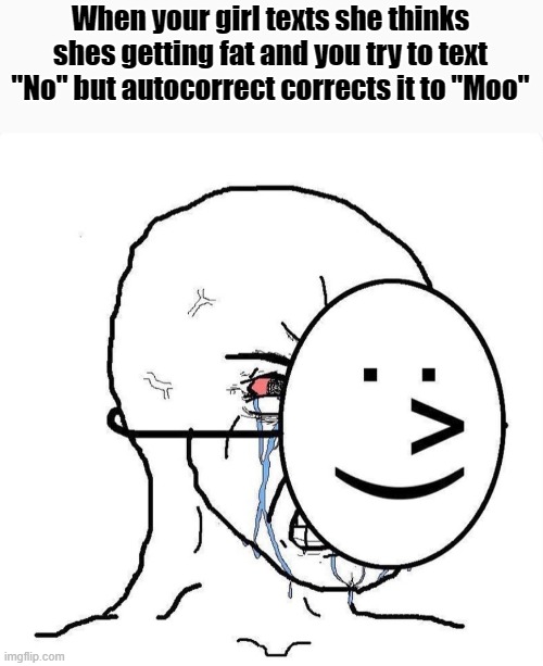 Dying inside |  When your girl texts she thinks shes getting fat and you try to text "No" but autocorrect corrects it to "Moo" | image tagged in dying inside | made w/ Imgflip meme maker