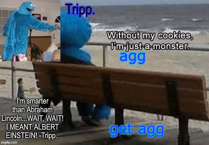 Tripp.'s cookie monster temp | agg; get agg | image tagged in tripp 's cookie monster temp | made w/ Imgflip meme maker