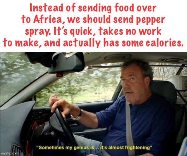this wouldn’t be nice | Instead of sending food over to Africa, we should send pepper spray. It’s quick, takes no work to make, and actually has some calories. | image tagged in sometimes my genius is it's almost frightening,dark humor,funny,africa,starving children,this is messed up | made w/ Imgflip meme maker