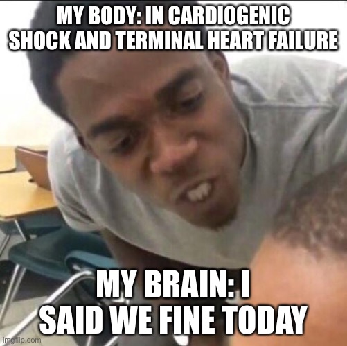 When you’re dying and given hours to live | MY BODY: IN CARDIOGENIC SHOCK AND TERMINAL HEART FAILURE; MY BRAIN: I SAID WE FINE TODAY | image tagged in i said we sad today,dying,broken heart,shock | made w/ Imgflip meme maker
