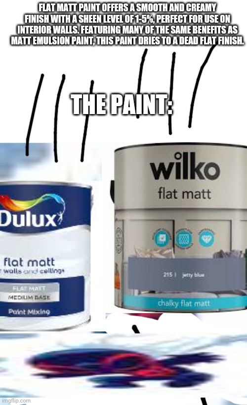 Lol flat matt | FLAT MATT PAINT OFFERS A SMOOTH AND CREAMY FINISH WITH A SHEEN LEVEL OF 1-5%, PERFECT FOR USE ON INTERIOR WALLS. FEATURING MANY OF THE SAME BENEFITS AS MATT EMULSION PAINT, THIS PAINT DRIES TO A DEAD FLAT FINISH. THE PAINT: | image tagged in white strip | made w/ Imgflip meme maker