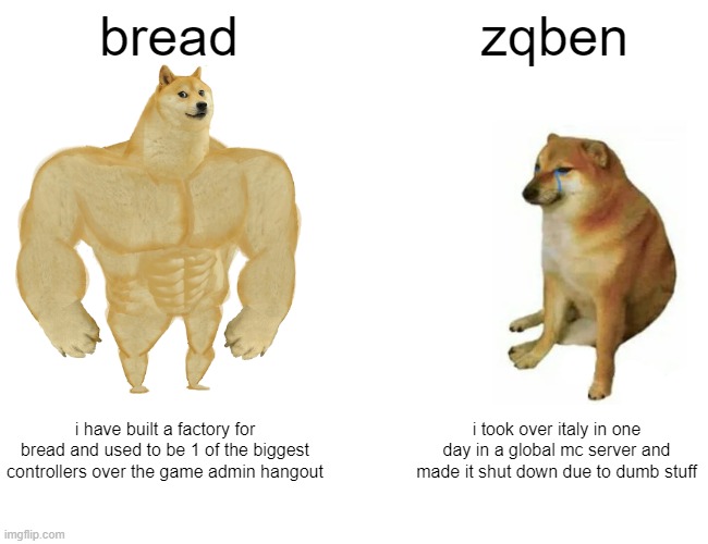 Buff Doge vs. Cheems | bread; zqben; i have built a factory for bread and used to be 1 of the biggest controllers over the game admin hangout; i took over italy in one day in a global mc server and made it shut down due to dumb stuff | image tagged in memes,buff doge vs cheems | made w/ Imgflip meme maker